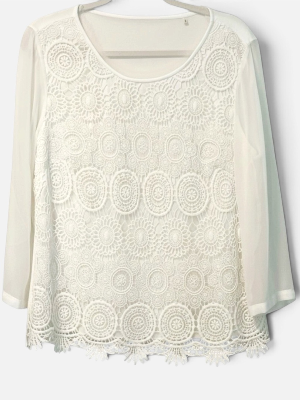 Elie Tahari White Silk Charmeuse & Crochet Lace Blouse Sheer Sleeves Size Large